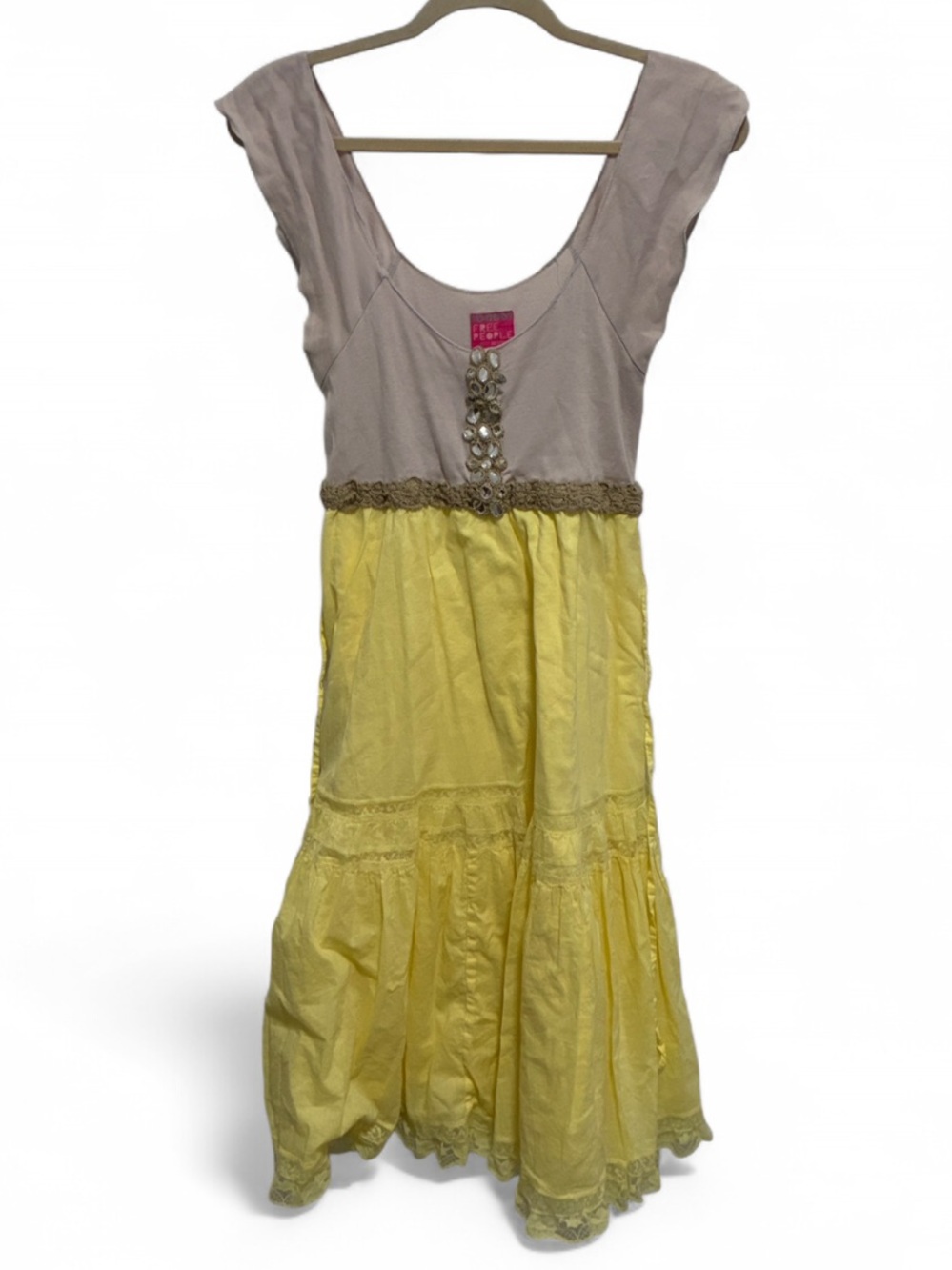 Y2K Free People Two-Tone Yellow and Gray Dress with Lace Trim